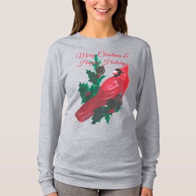 Camiseta Christmas Cardinal Holly & Berries Long Sleeve Tee (Frente)