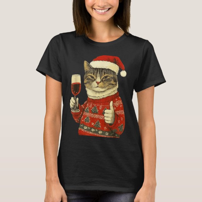 Camiseta Christmas Cat Likes Cute Cat Drinking Wine With Sa (Frente)
