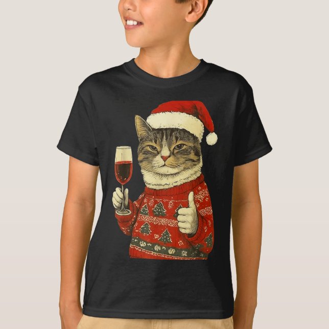 Camiseta Christmas Cat Likes Cute Cat Drinking Wine With Sa (Frente)