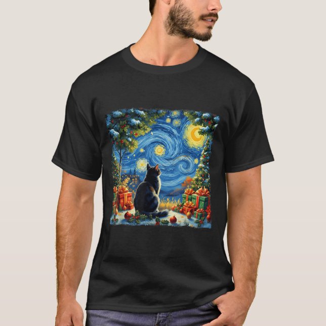Camiseta Christmas Cat Starry Night Van Gogh Santa Winter G (Frente)