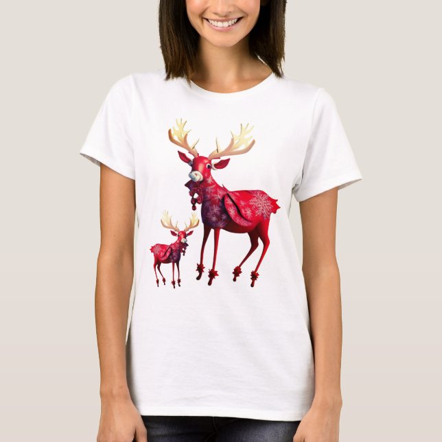 Camiseta Christmas Celebration Red Reindeers Stylish (Frente)