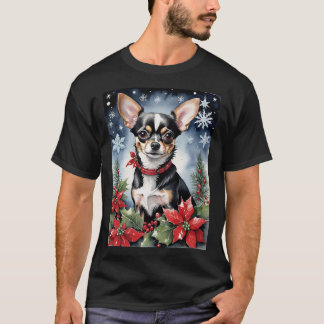 Camiseta Christmas Chihuahua With Poinsettias & Snowflakes
