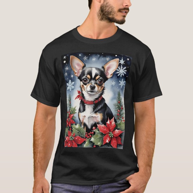 Camiseta Christmas Chihuahua With Poinsettias & Snowflakes (Frente)