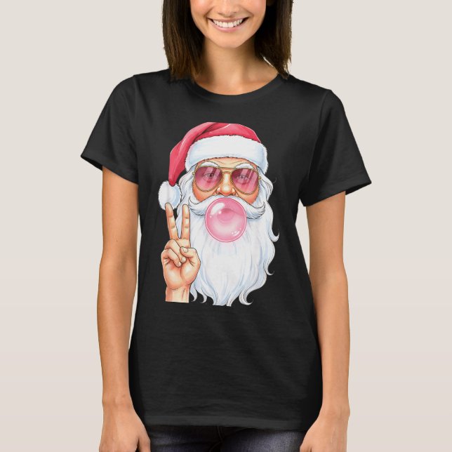 Camiseta Christmas Cool Santa Bubble Gum Peace Sign Retro S (Frente)