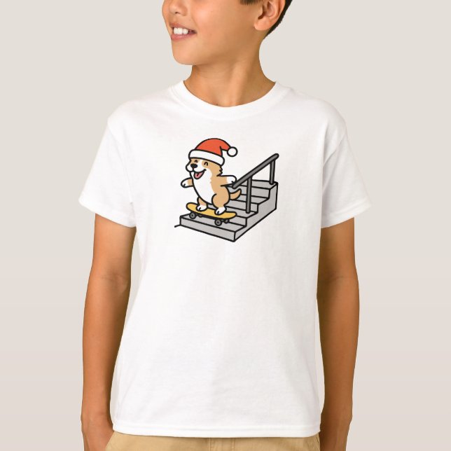 Camiseta Christmas Corgi on Skateboard (Frente)