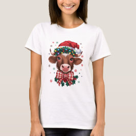 Camiseta Christmas Cow with Santa Hat and Festive Lights