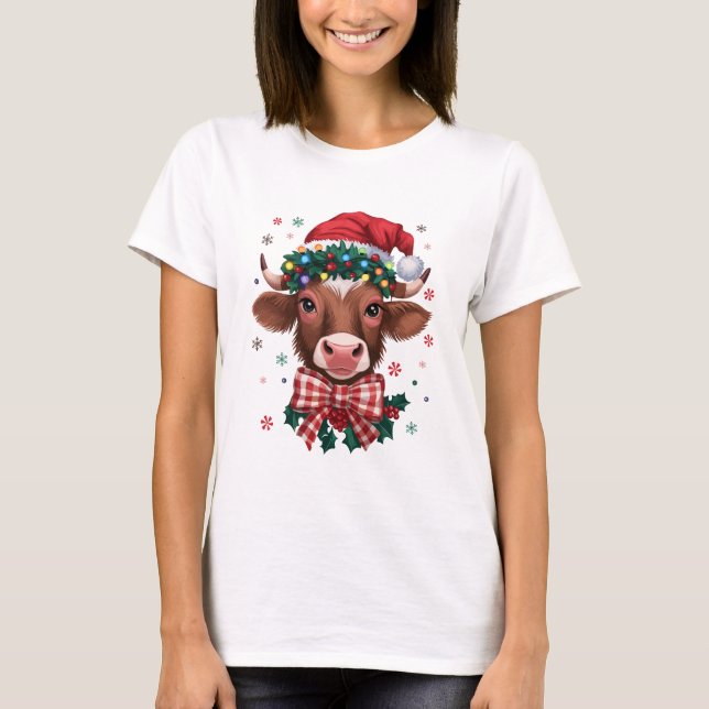 Camiseta Christmas Cow with Santa Hat and Festive Lights (Frente)