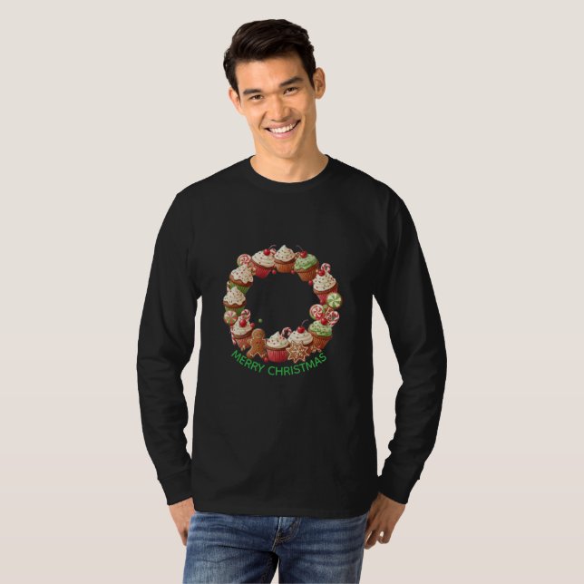 Camiseta Christmas Cupcake Wreath T-Shirt (Frente Completa)