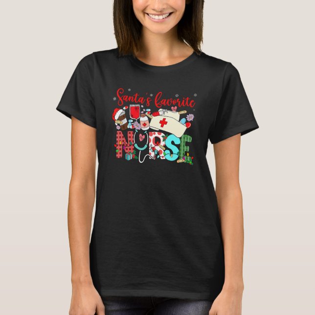 Camiseta Christmas Cute Favorite Nurse Stethoscope Leopard (Frente)