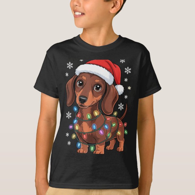 Camiseta Christmas Dachshund Lights Santa Hat Holiday Dog L (Frente)