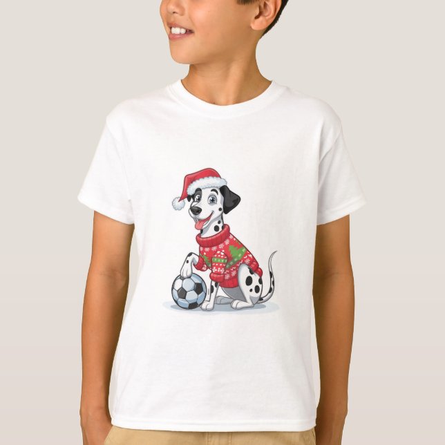 Camiseta Christmas Dalmatian Dog with Soccer Ball (Frente)