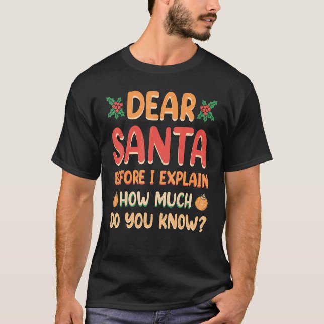 Camiseta Christmas Dear Santa Before I Explain How Much Do  (Frente)