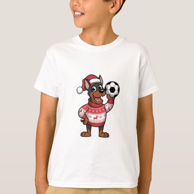 Camiseta Christmas Doberman puppy with soccer ball (Frente)