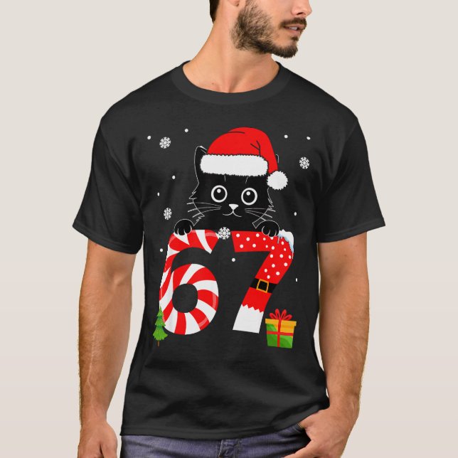 Camiseta Christmas Family Black Cat 67 Six Seven Santa Men  (Frente)