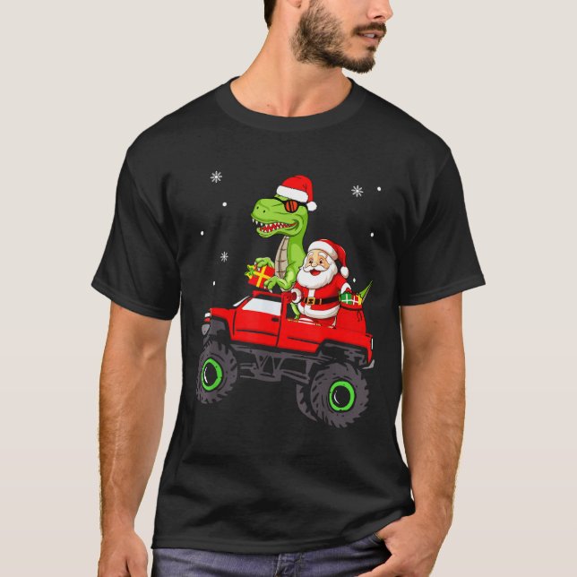 Camiseta Christmas Family Matching Santa Truck Dinosaur Boy (Frente)