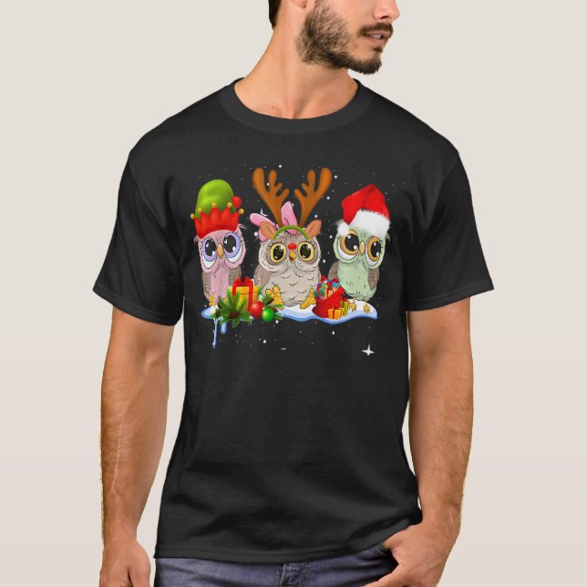 Camiseta Christmas Farm Animals Owl Santa Hat Family Pajama (Frente)