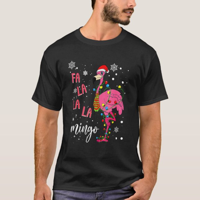 Camiseta Christmas Flamingo Santa Hat Xmas Lights Flamingo  (Frente)