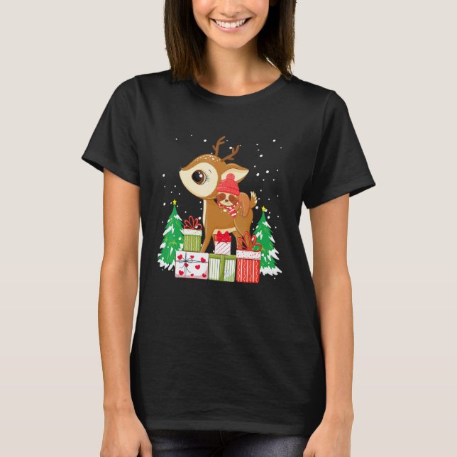Camiseta Christmas for men women kids sloth Riding Reindeer (Frente)