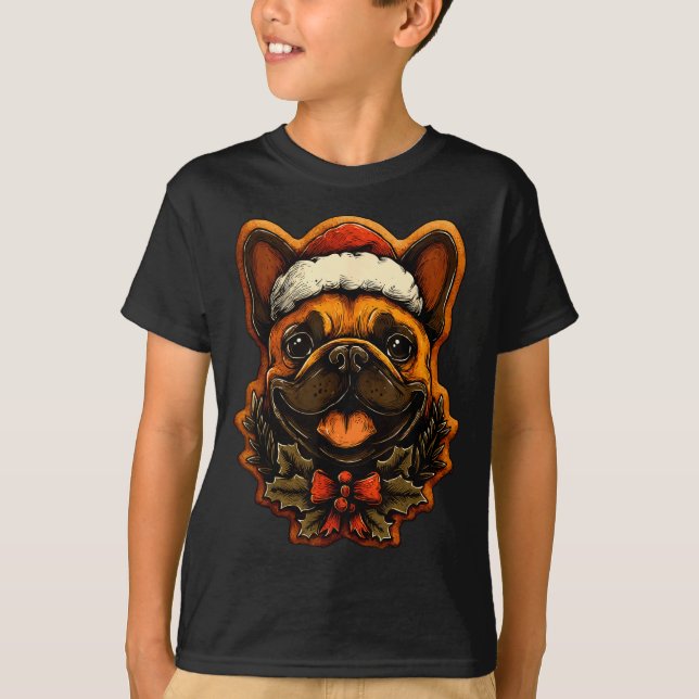 Camiseta Christmas French Bulldog With Santa Hat Gingerbrea (Frente)