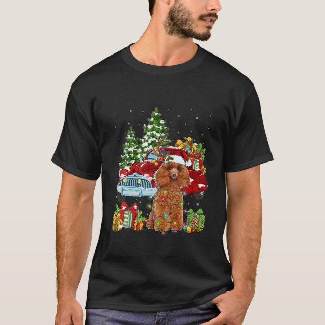 Camiseta Christmas Funny Pajama Poodle Dog And Red Trucks X (Frente)