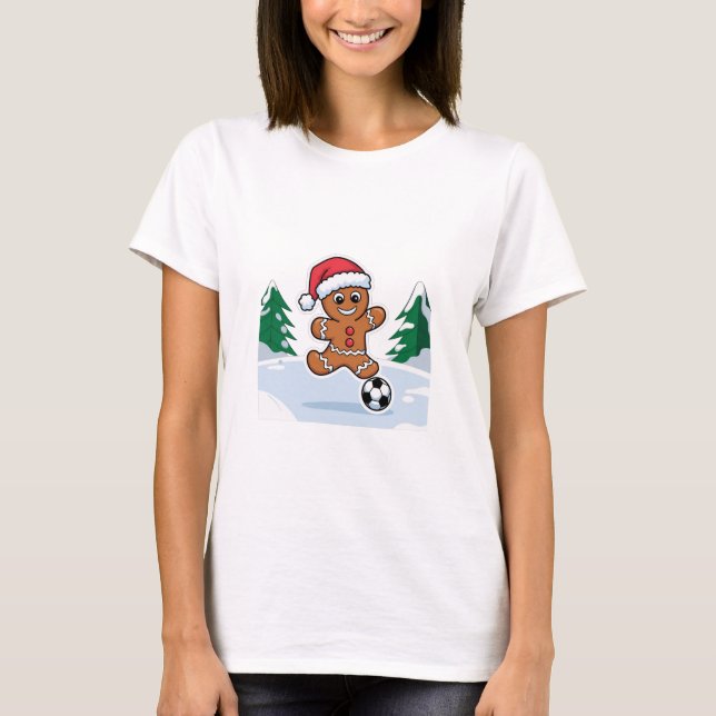 Camiseta Christmas Gingerbread Cookie playing soccer (Frente)