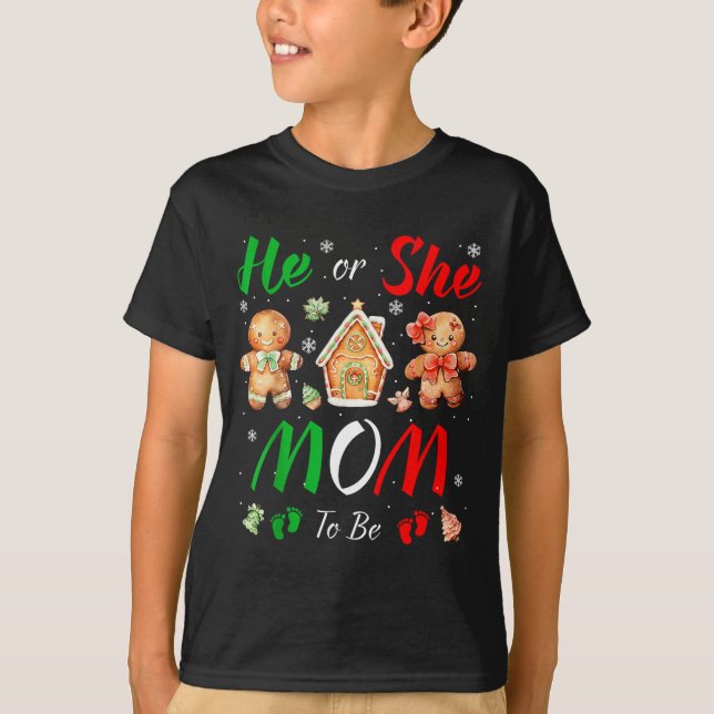 Camiseta Christmas Gingerbread Gender Reveal He Or She Mom  (Frente)