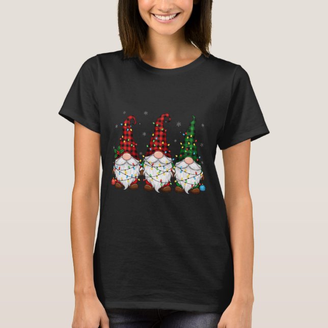 Camiseta Christmas Gnome Trio Buffalo Plaid Lights Cute Xma (Frente)