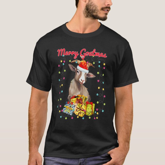 Camiseta Christmas Goat Wreathed in Holiday Lights(C) (Frente)