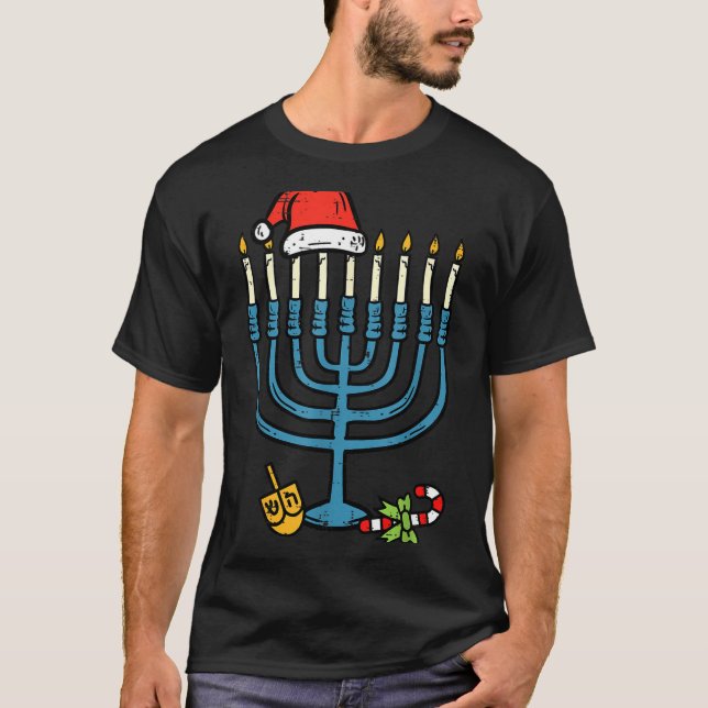 Camiseta Christmas Hat Menorah Jew Hanukkah Chanukah Men Wo (Frente)