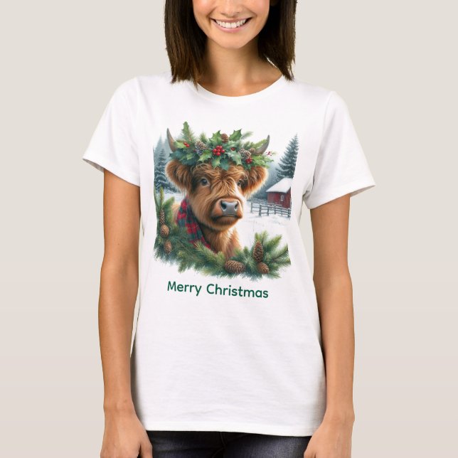 Camiseta Christmas Highland Cow with Pine  (Frente)