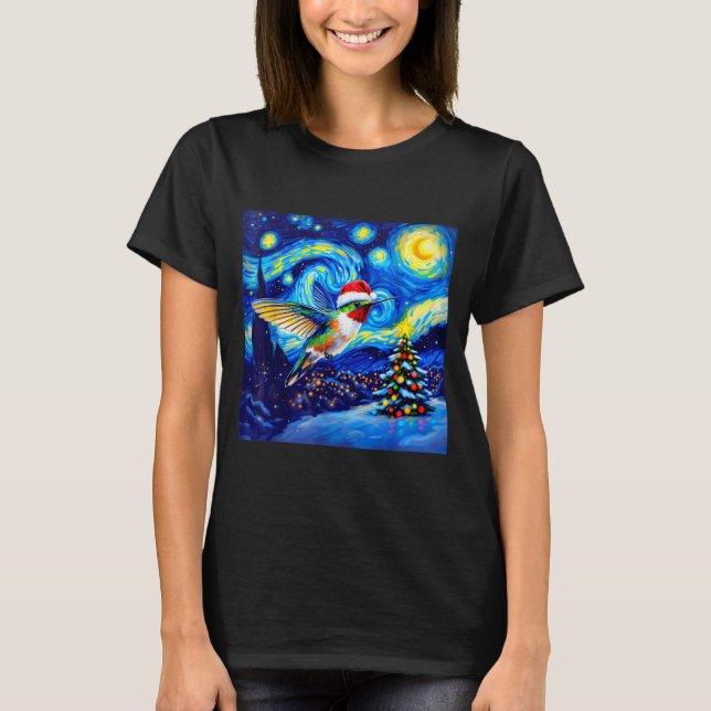 Camiseta Christmas Hummingbird Santa Hat Van Gogh Starry Ni (Frente)