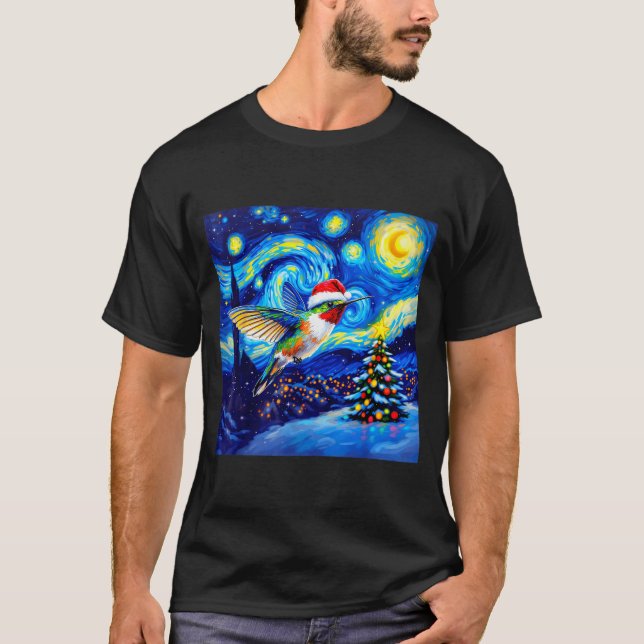 Camiseta Christmas Hummingbird Santa Hat Van Gogh Starry Ni (Frente)