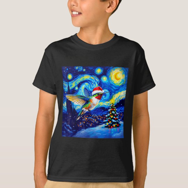 Camiseta Christmas Hummingbird Santa Hat Van Gogh Starry Ni (Frente)