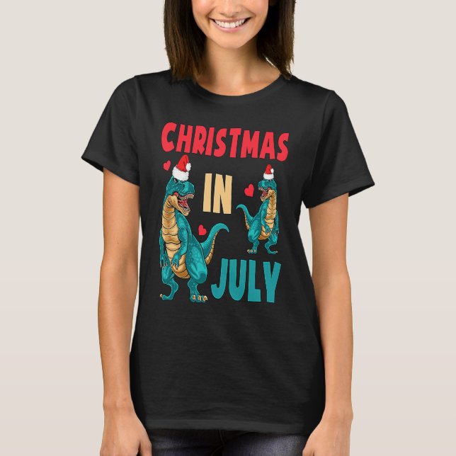 Camiseta Christmas In July Dinosaur Xmas Santa Hat Kids Rex (Frente)