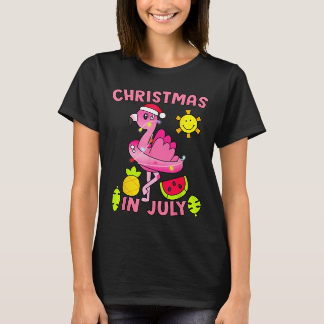 Camiseta Christmas In July Flamingo Beach Summer Christmas  (Frente)