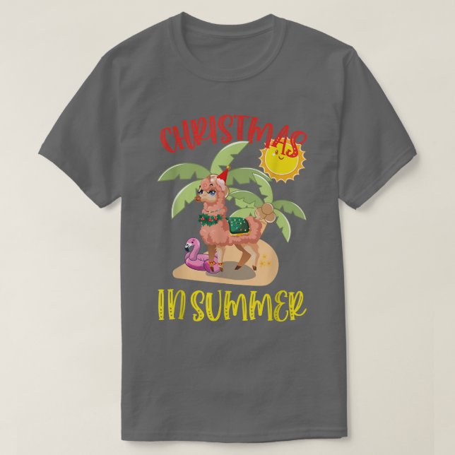 Camiseta Christmas In July Funny Llama Coconut And Flamingo (Frente do Design)