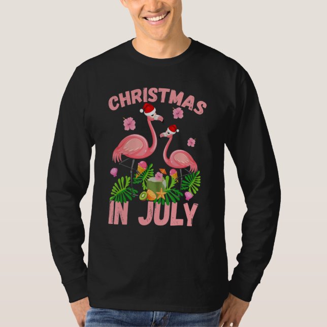 Camiseta Christmas in July Pink Flamingo Funny Xmas Men Wom (Frente)