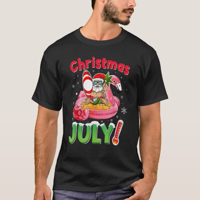 Camiseta Christmas In July  Santa Flamingo Summer Beach Vac (Frente)