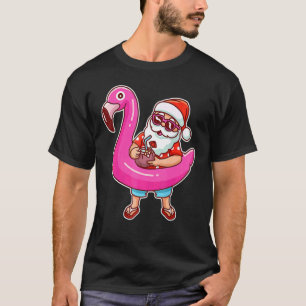 Camiseta Christmas In July Santa Flamingo Summer Hawaiian