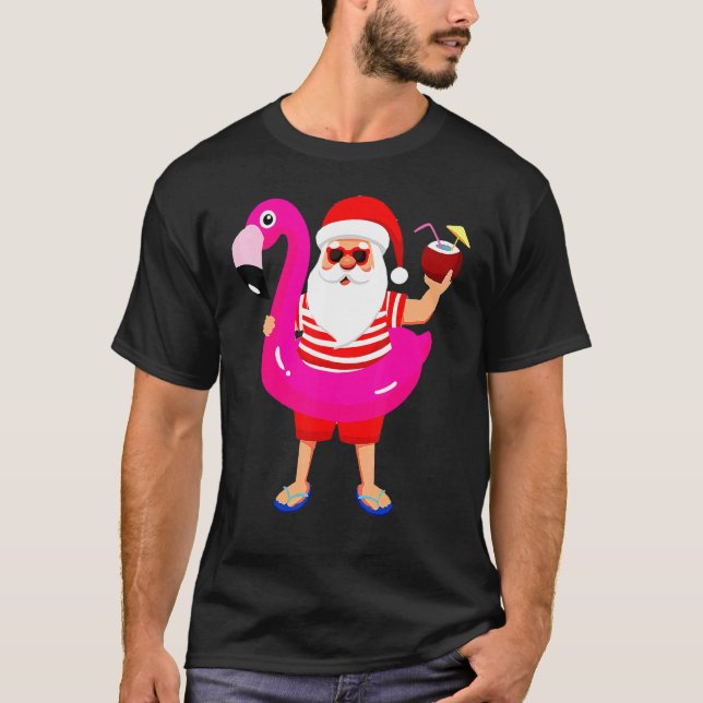 Camiseta Christmas In July Santa Hawaii Sunglasses Flamingo (Frente)