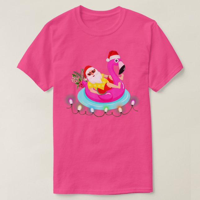 Camiseta Christmas In July Santa Hawaii Sunglasses Flamingo (Frente do Design)