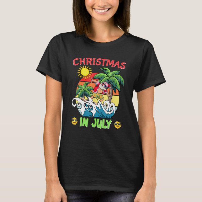 Camiseta Christmas In July  Santa Surfing Summer Beach Vaca (Frente)