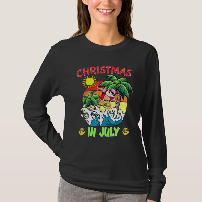 Camiseta Christmas In July  Santa Surfing Summer Beach Vaca (Frente)