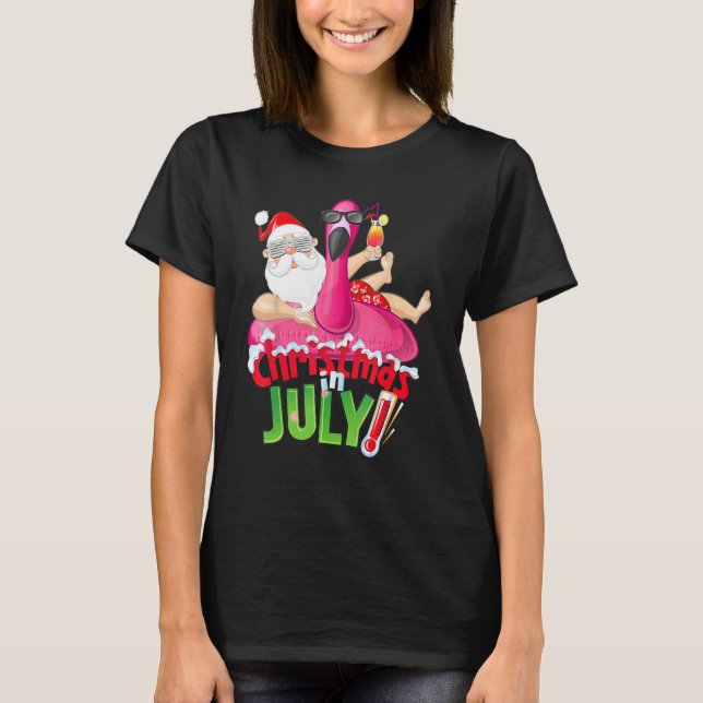 Camiseta Christmas In July  Summer Flamingo Float Xmas 1 (Frente)
