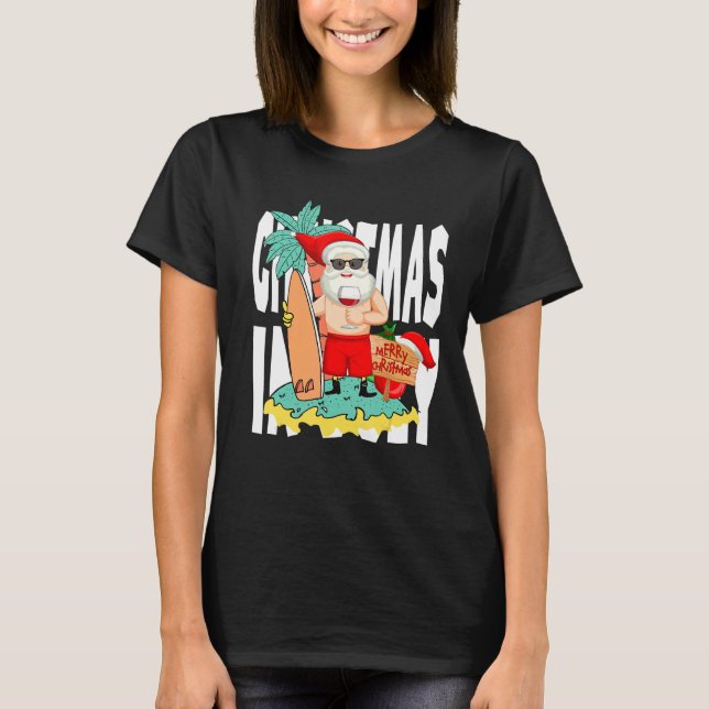 Camiseta Christmas In July  Summer Santa Surfing Beach Vaca (Frente)
