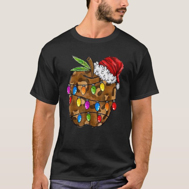 Camiseta Christmas Leopard Apple Santa Hat Christmas Teache (Frente)
