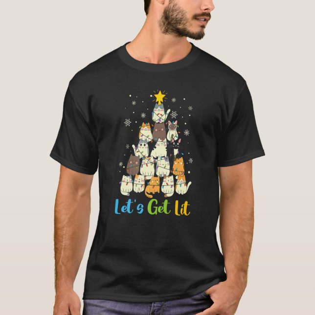 Camiseta Christmas Let's Get Lit Cats Christmas Tree Cat (Frente)