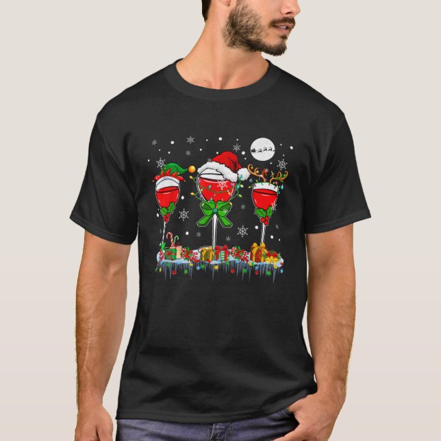 Camiseta Christmas Light Three Santa Reindeer Elf Wine Glas (Frente)