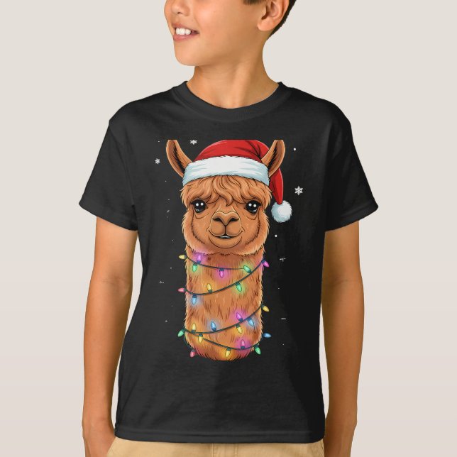 Camiseta Christmas Lights Alpaca Santa Hat Llama Cute Xmas  (Frente)