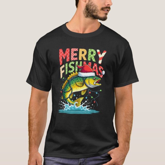 Camiseta Christmas Lights Fisherman Fishing Merry Fishmas  (Frente)